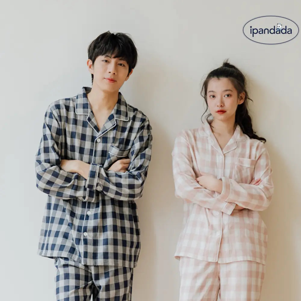 カップル 綿100％ パジャマ メンズ レディース 部屋着 長袖 前開き 秋 春 ギフト ルームウェア 可愛い チェック ストライプ コットン素材 春 カップル＞セットアップ