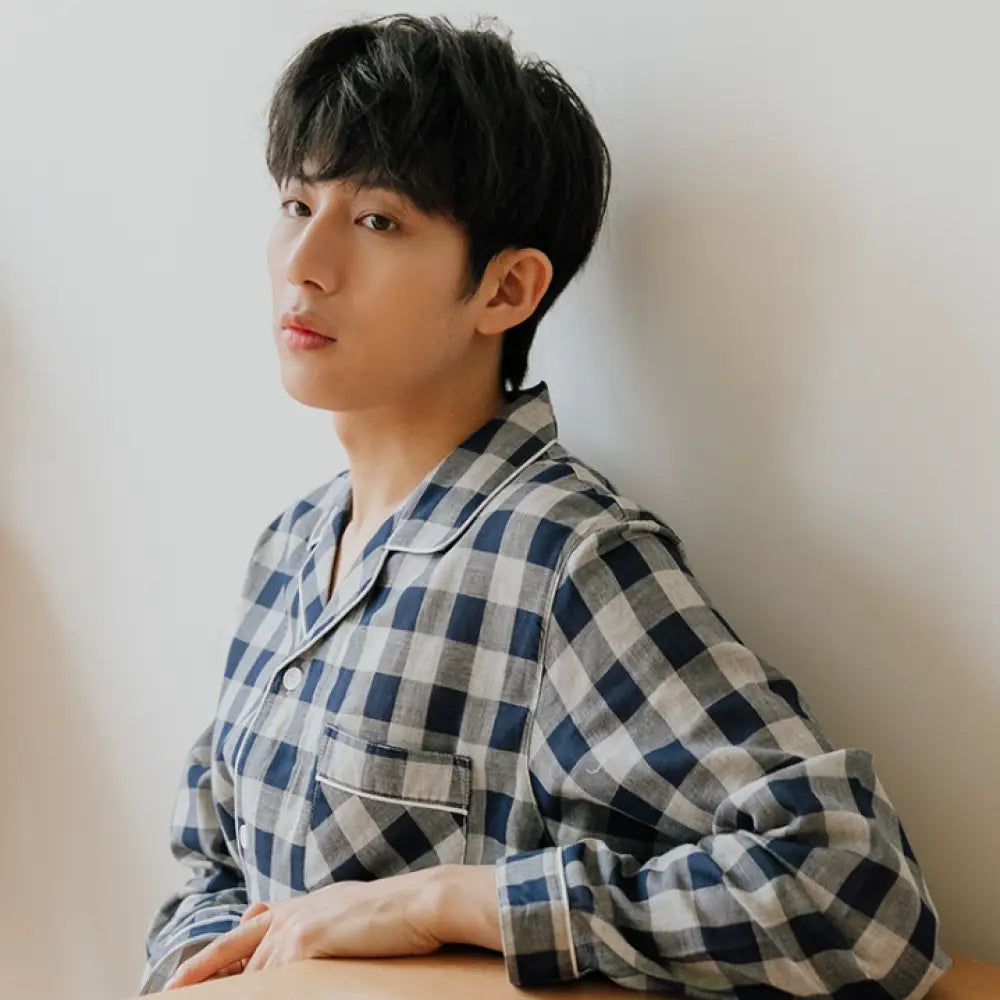 カップル 綿100％ パジャマ メンズ レディース 部屋着 長袖 前開き 秋 春 ギフト ルームウェア 可愛い チェック ストライプ コットン素材 春 ネイビー / レディースS カップル＞セットアップ