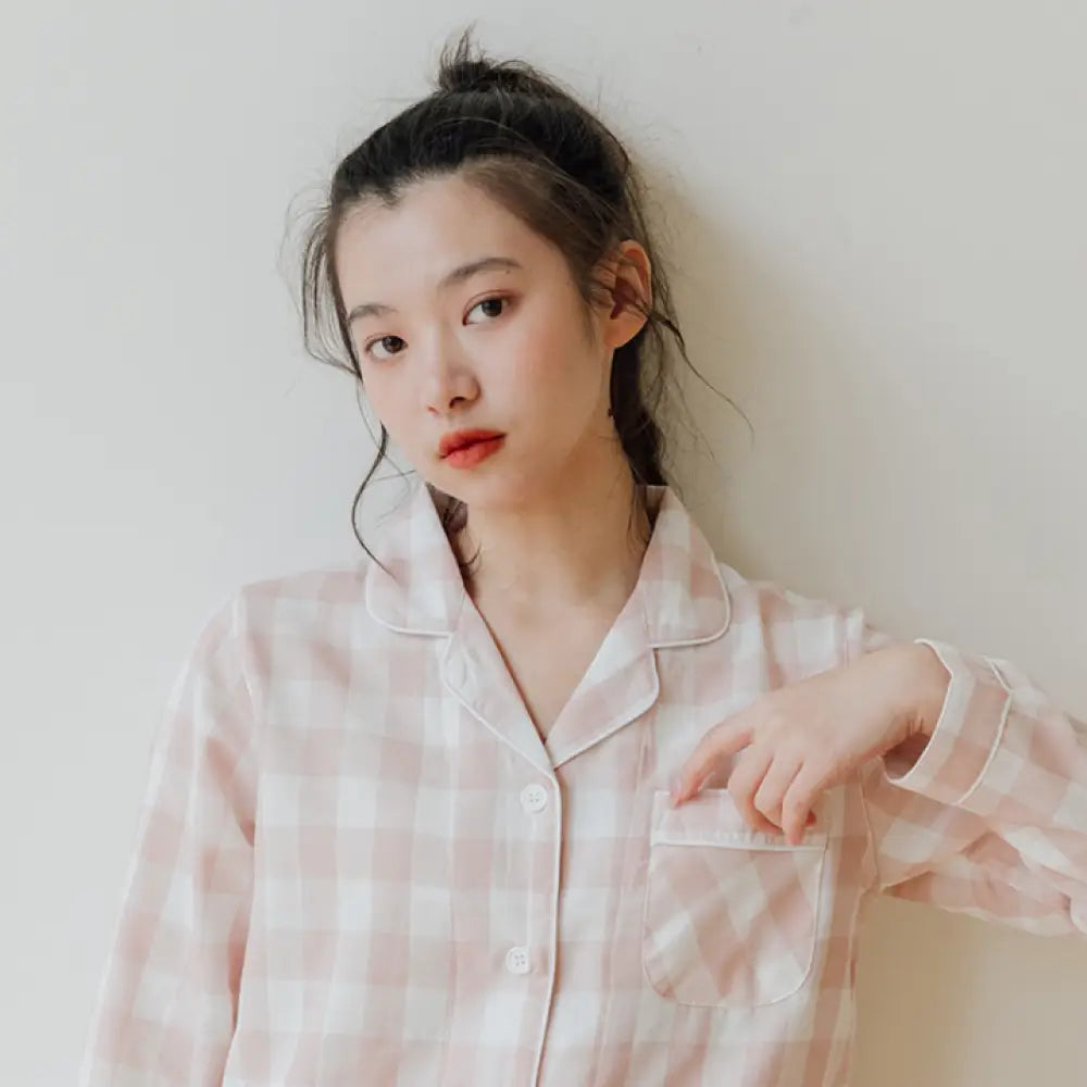 カップル 綿100％ パジャマ メンズ レディース 部屋着 長袖 前開き 秋 春 ギフト ルームウェア 可愛い チェック ストライプ コットン素材 春 ピンク / レディースS カップル＞セットアップ