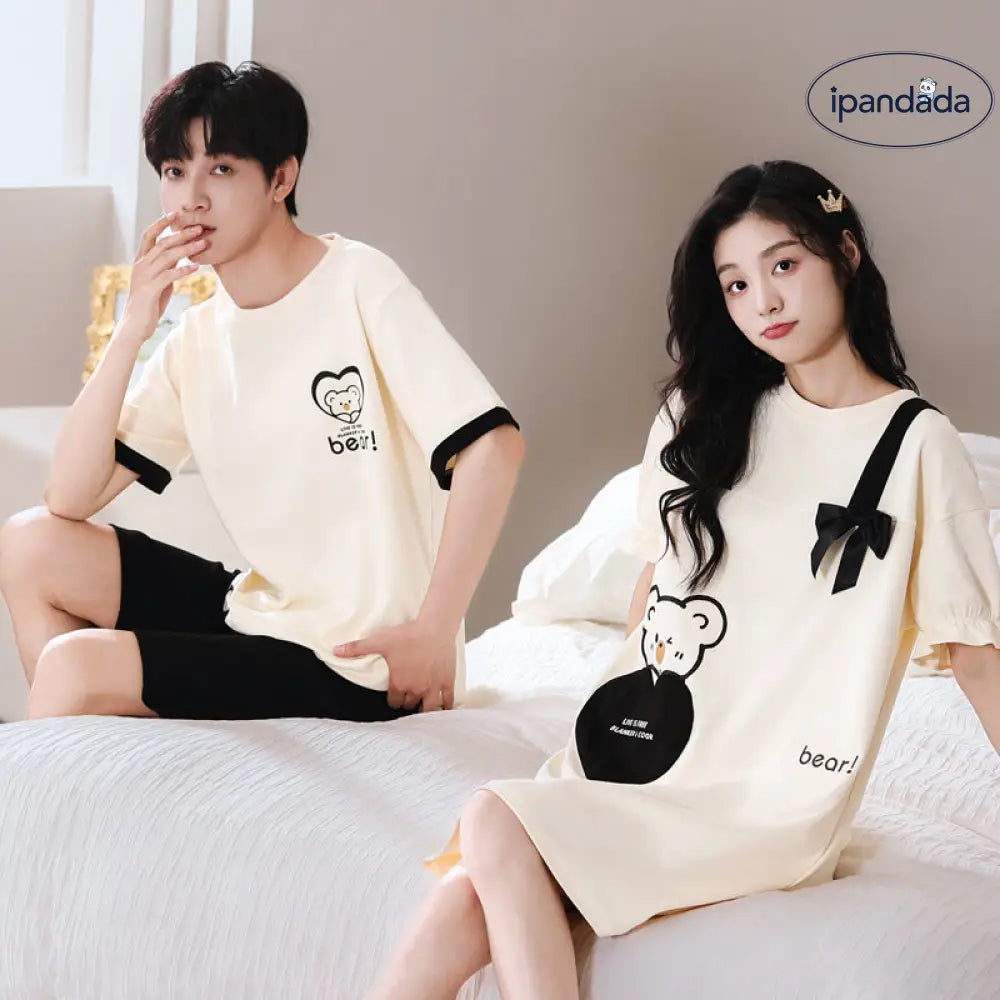 ID1073 カップル 綿100% パジャマセット 夏用 男女2着 セット 半袖ワンピース＆ルームウェア ゆったりサイズ おそろいコーデ お出かけ対応 カップル＞セットアップ