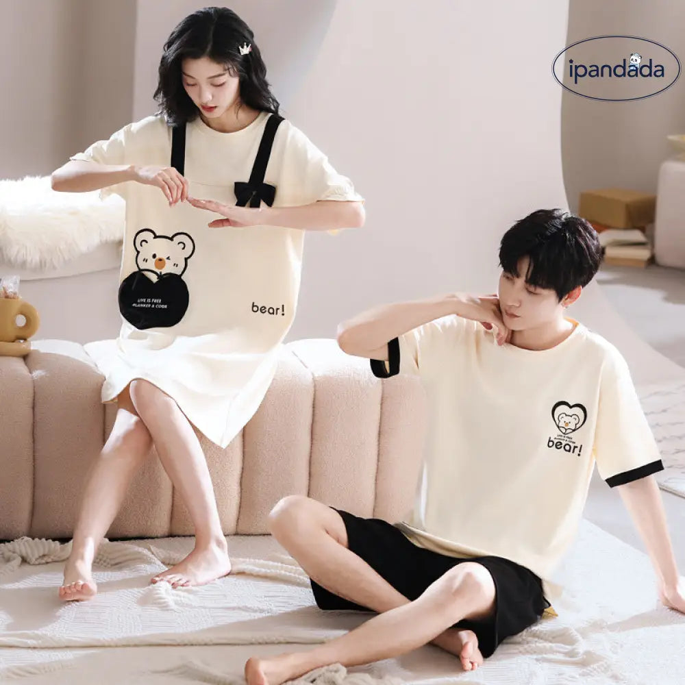 ID1073 カップル 綿100% パジャマセット 夏用 男女2着 セット 半袖ワンピース＆ルームウェア ゆったりサイズ おそろいコーデ お出かけ対応 カップル＞セットアップ