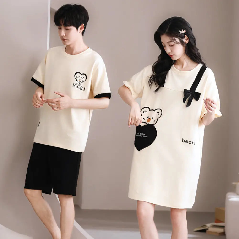 ID1073 カップル 綿100% パジャマセット 夏用 男女2着 セット 半袖ワンピース＆ルームウェア ゆったりサイズ おそろいコーデ お出かけ対応 カップル＞セットアップ