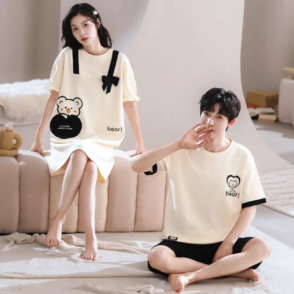 ID1073 カップル 綿100% パジャマセット 夏用 男女2着 セット 半袖ワンピース＆ルームウェア ゆったりサイズ おそろいコーデ お出かけ対応 写真通り① / メンズL カップル＞セットアップ