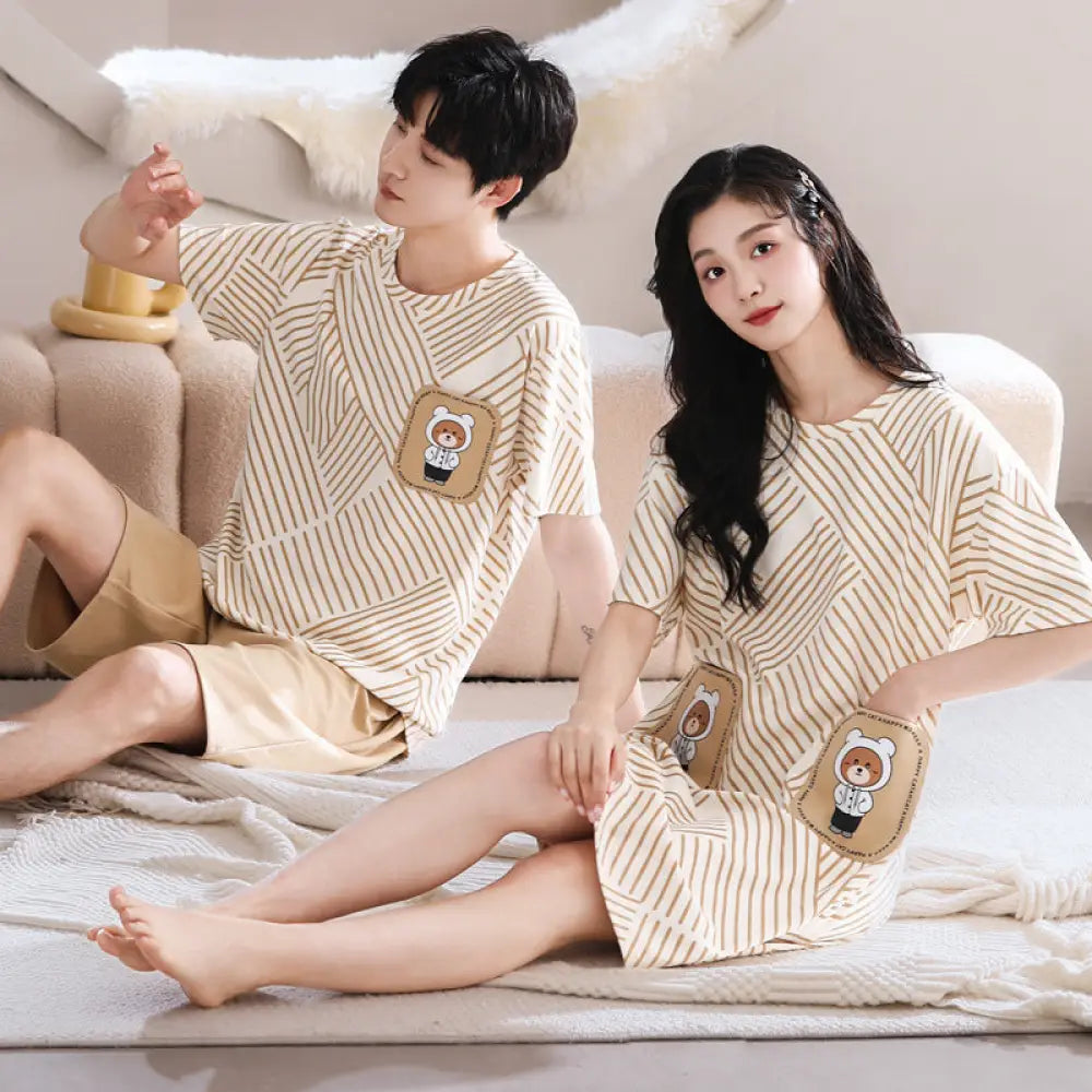 ID1073 カップル 綿100% パジャマセット 夏用 男女2着 セット 半袖ワンピース＆ルームウェア ゆったりサイズ おそろいコーデ お出かけ対応 写真通り④ / メンズL カップル＞セットアップ