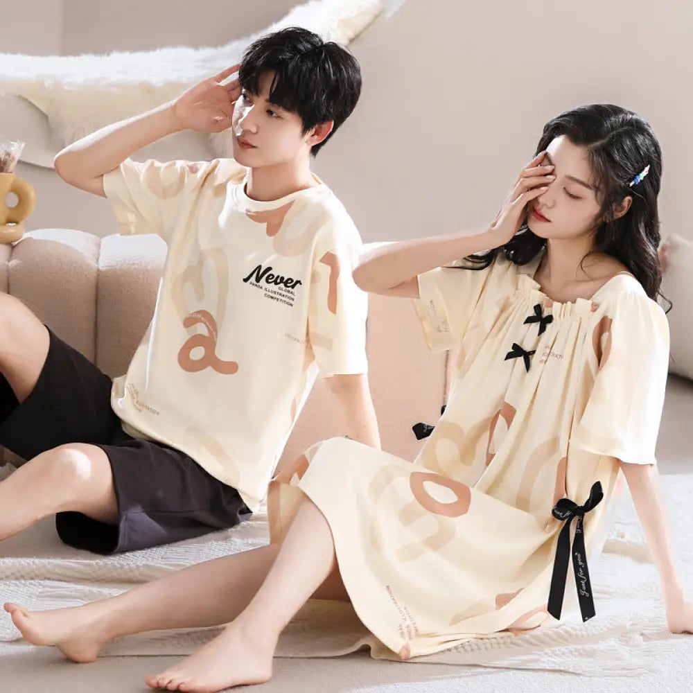 ID1073 カップル 綿100% パジャマセット 夏用 男女2着 セット 半袖ワンピース＆ルームウェア ゆったりサイズ おそろいコーデ お出かけ対応 写真通り③ / メンズL カップル＞セットアップ