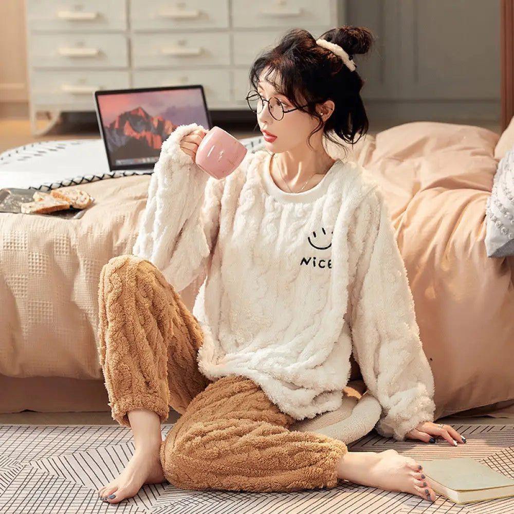カップル 女性用 秋冬 コーラルボンテン パジャマ ジャカード柄 モコモコ綿 厚手 ホームウェア 2 点セット ゆったり ID3104 女性 アイボリー / M