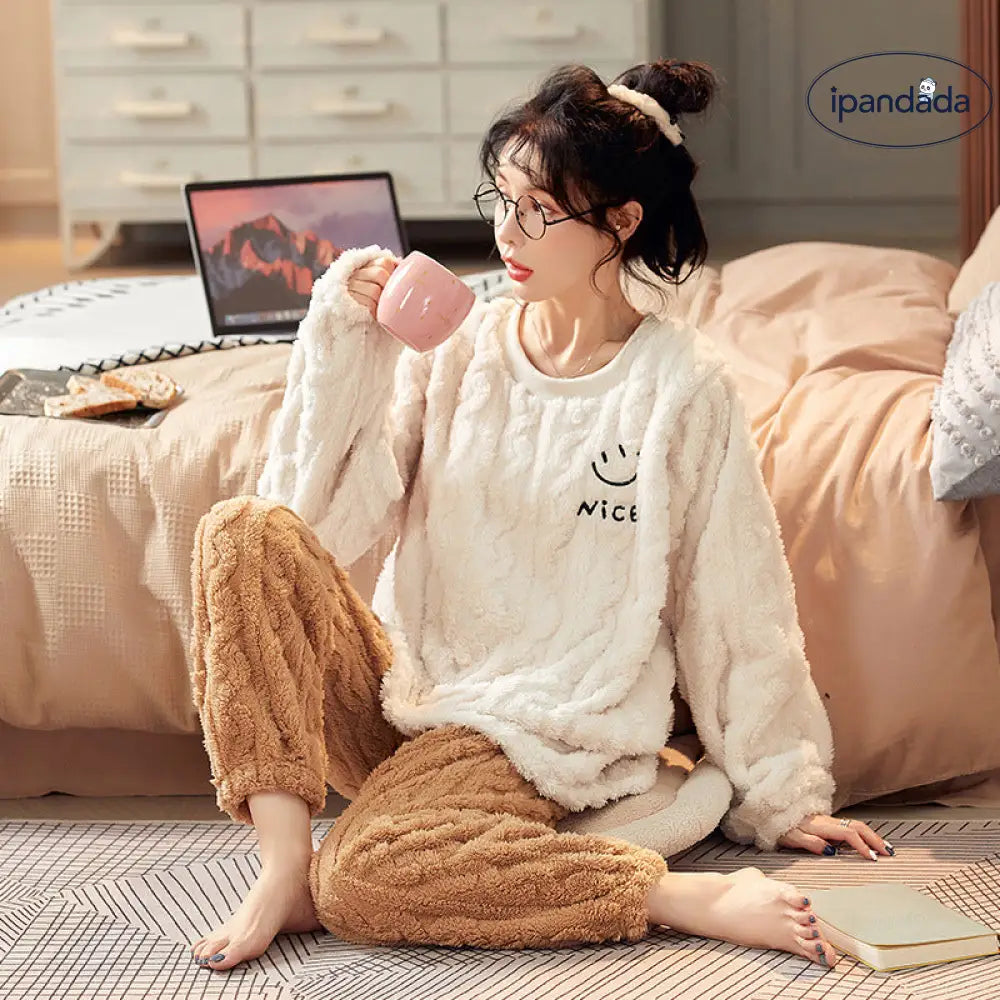 カップル 女性用 秋冬 コーラルボンテン パジャマ ジャカード柄 モコモコ綿 厚手 ホームウェア 2 点セット ゆったり ID3104