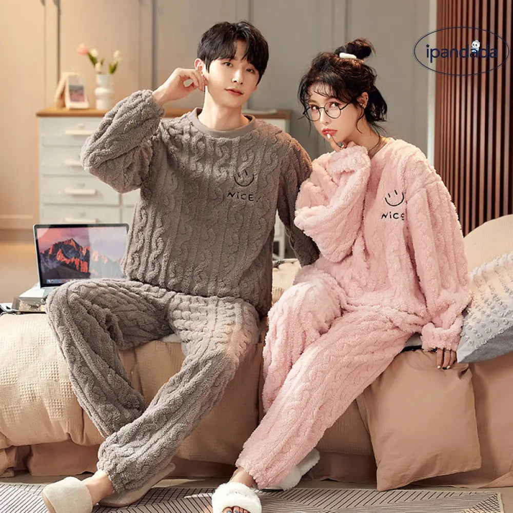 カップル 女性用 秋冬 コーラルボンテン パジャマ ジャカード柄 モコモコ綿 厚手 ホームウェア 2 点セット ゆったり ID3104