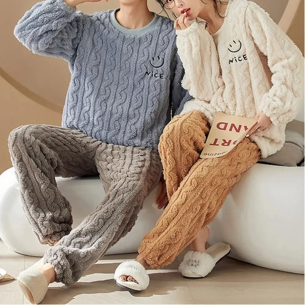 カップル 女性用 秋冬 コーラルボンテン パジャマ ジャカード柄 モコモコ綿 厚手 ホームウェア 2 点セット ゆったり ID3104