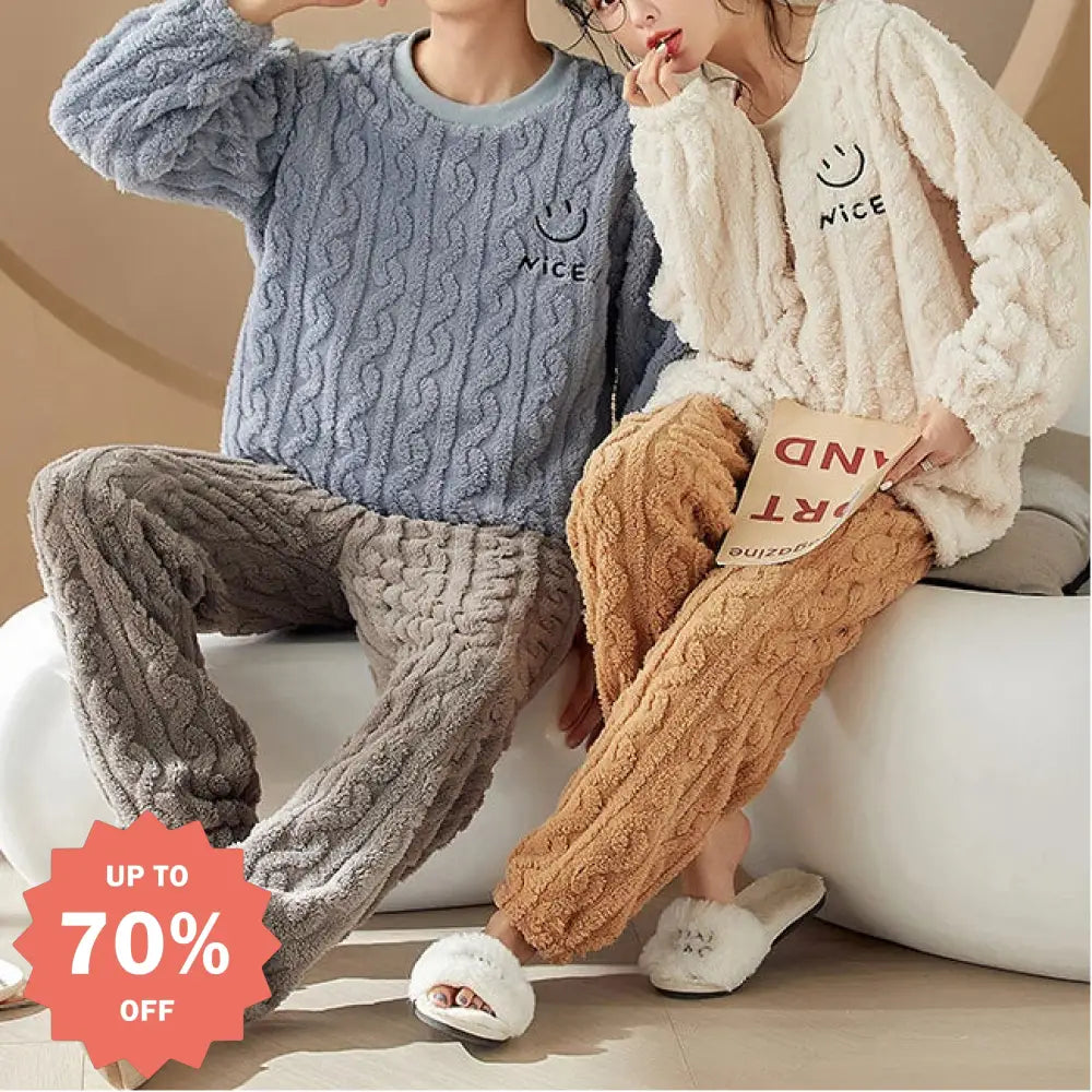 カップル 女性用 秋冬 コーラルボンテン パジャマ ジャカード柄 モコモコ綿 厚手 ホームウェア 2 点セット ゆったり ID3104