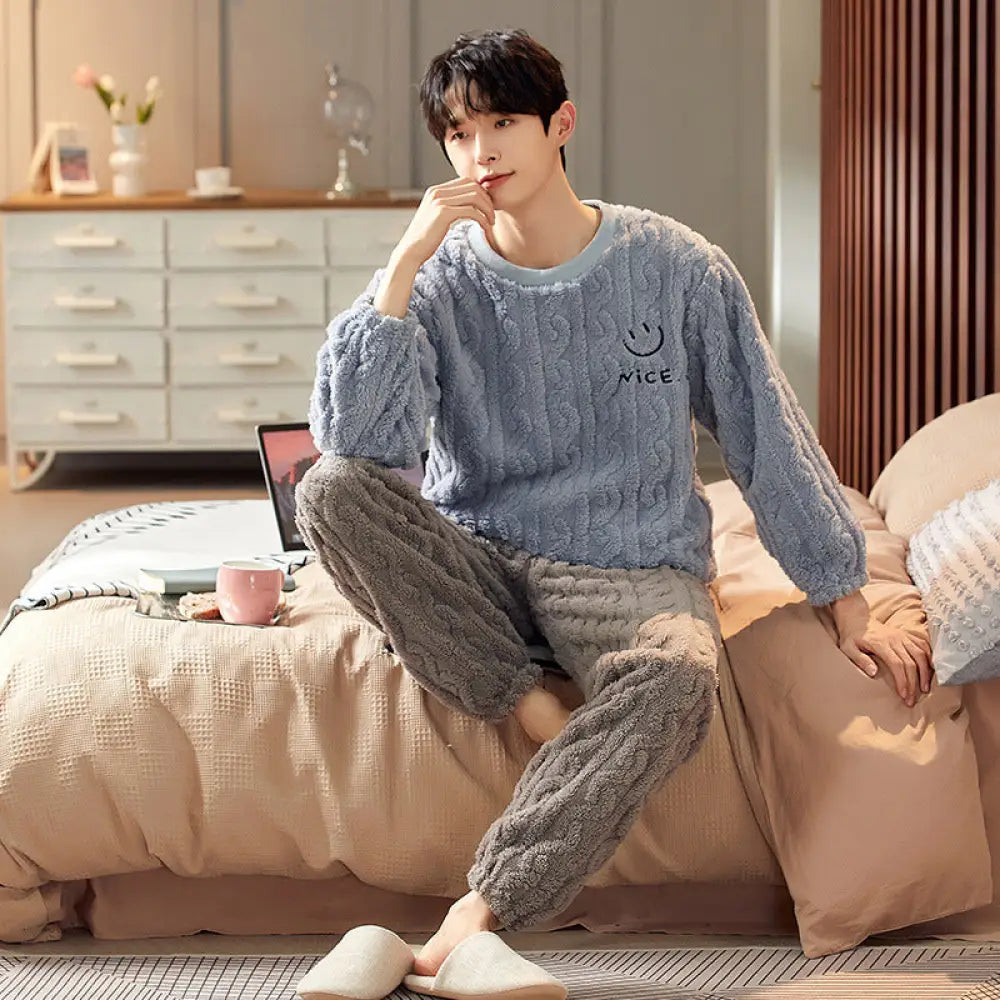 カップル 女性用 秋冬 コーラルボンテン パジャマ ジャカード柄 モコモコ綿 厚手 ホームウェア 2 点セット ゆったり ID3104 男性 ブルー / M