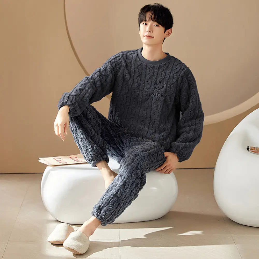 カップル 女性用 秋冬 コーラルボンテン パジャマ ジャカード柄 モコモコ綿 厚手 ホームウェア 2 点セット ゆったり ID3104 男性 ダークグレー / M
