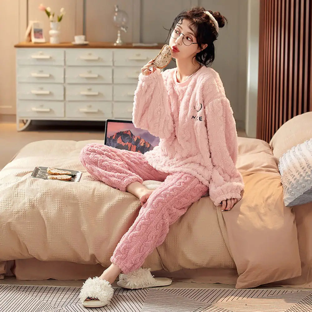 カップル 女性用 秋冬 コーラルボンテン パジャマ ジャカード柄 モコモコ綿 厚手 ホームウェア 2 点セット ゆったり ID3104 女性 ピンク / M