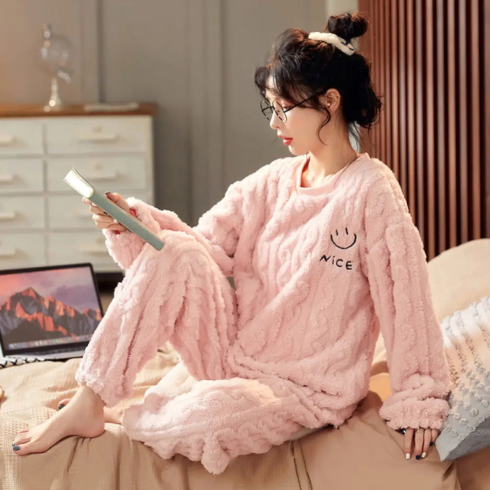 カップル 女性用 秋冬 コーラルボンテン パジャマ ジャカード柄 モコモコ綿 厚手 ホームウェア 2 点セット ゆったり ID3104 女性 ライトピンク / M
