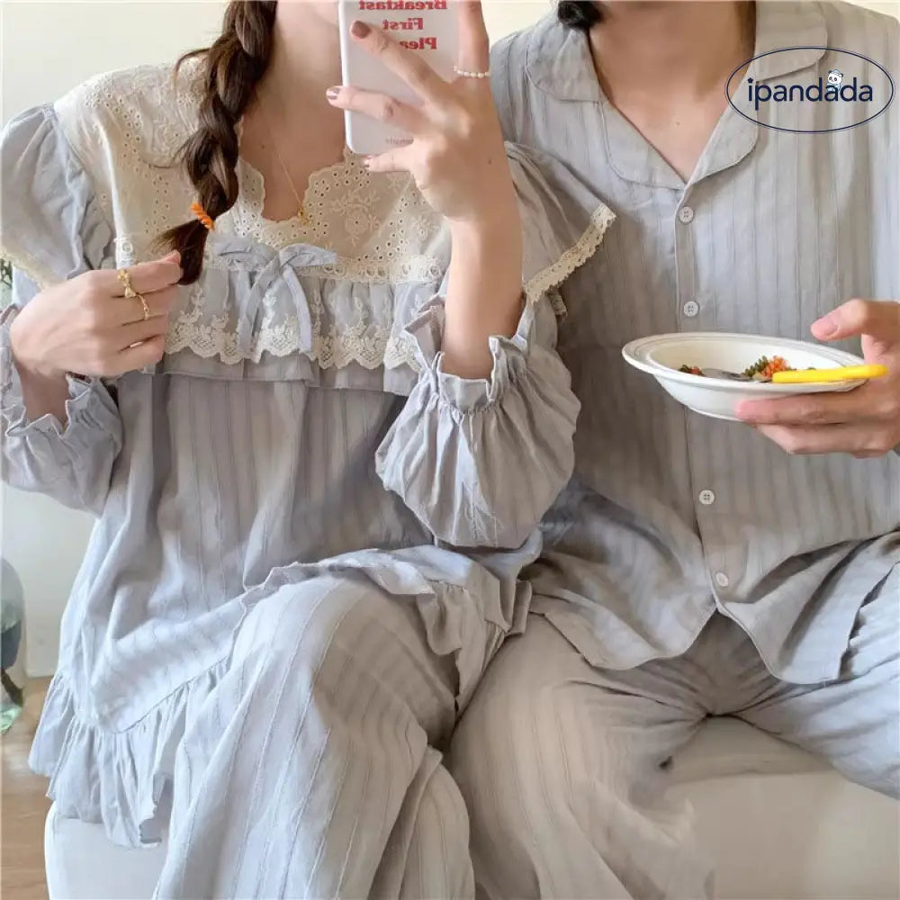 カップル お揃い ペアルック パジャマ 春 長袖 レース ルームウエア 上下セット 無地 シンプル おしゃれ 大人 可愛い カップル＞セットアップ