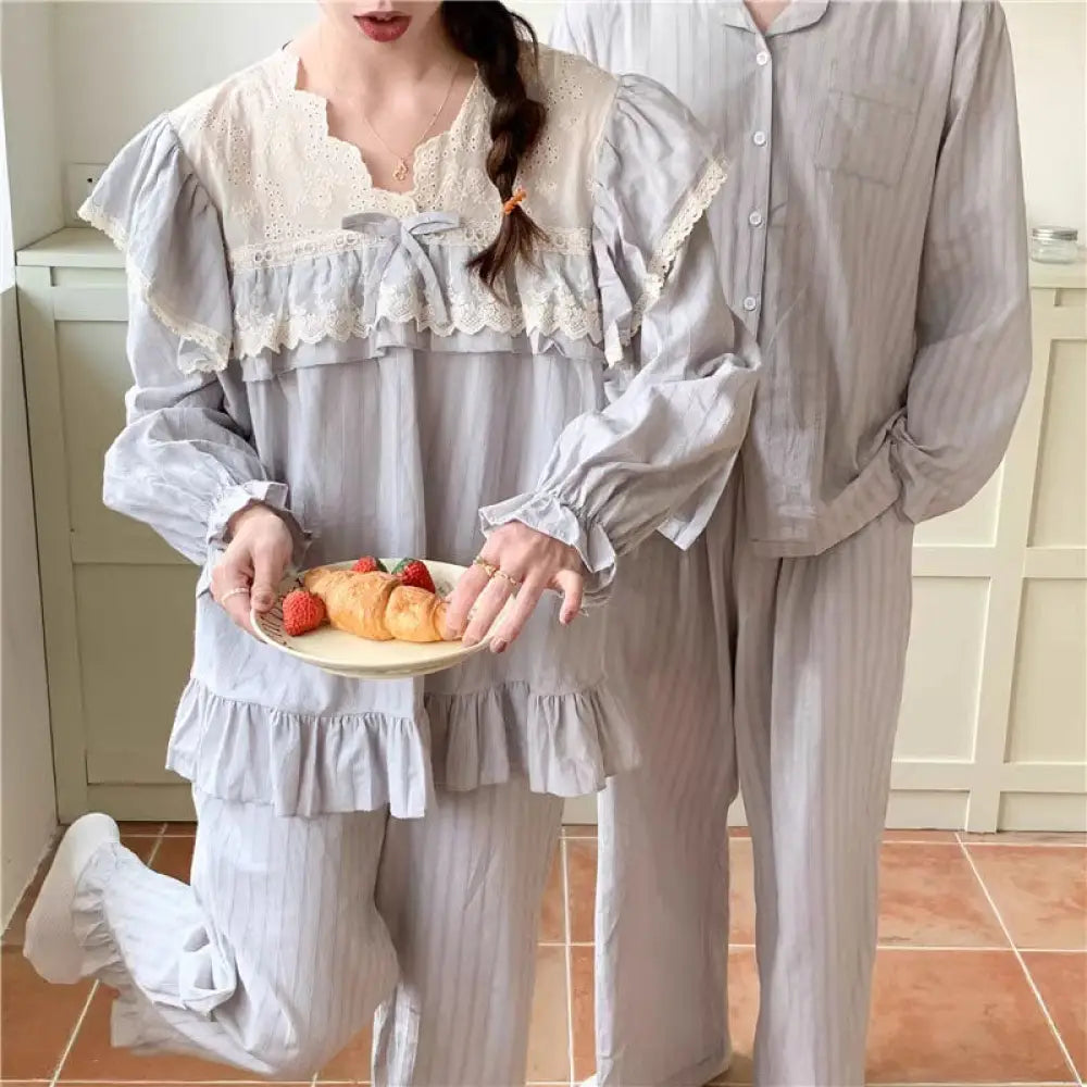 カップル お揃い ペアルック パジャマ 春 長袖 レース ルームウエア 上下セット 無地 シンプル おしゃれ 大人 可愛い カップル＞セットアップ