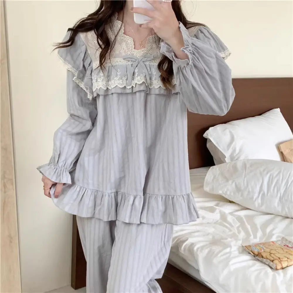 カップル お揃い ペアルック パジャマ 春 長袖 レース ルームウエア 上下セット 無地 シンプル おしゃれ 大人 可愛い レディース / レディースS カップル＞セットアップ