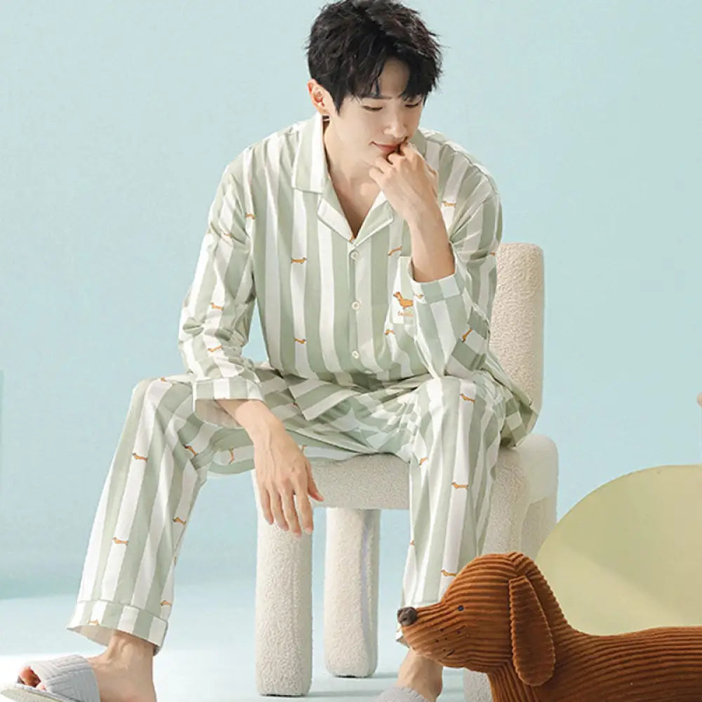 カップル お揃い ペアルック パジャマ 春 長袖 ルームウエア 上下セット 前開き 部屋着ドッグ柄 プレゼント 可愛い 柔らかい グリーン / レディースＭ カップル＞セットアップ