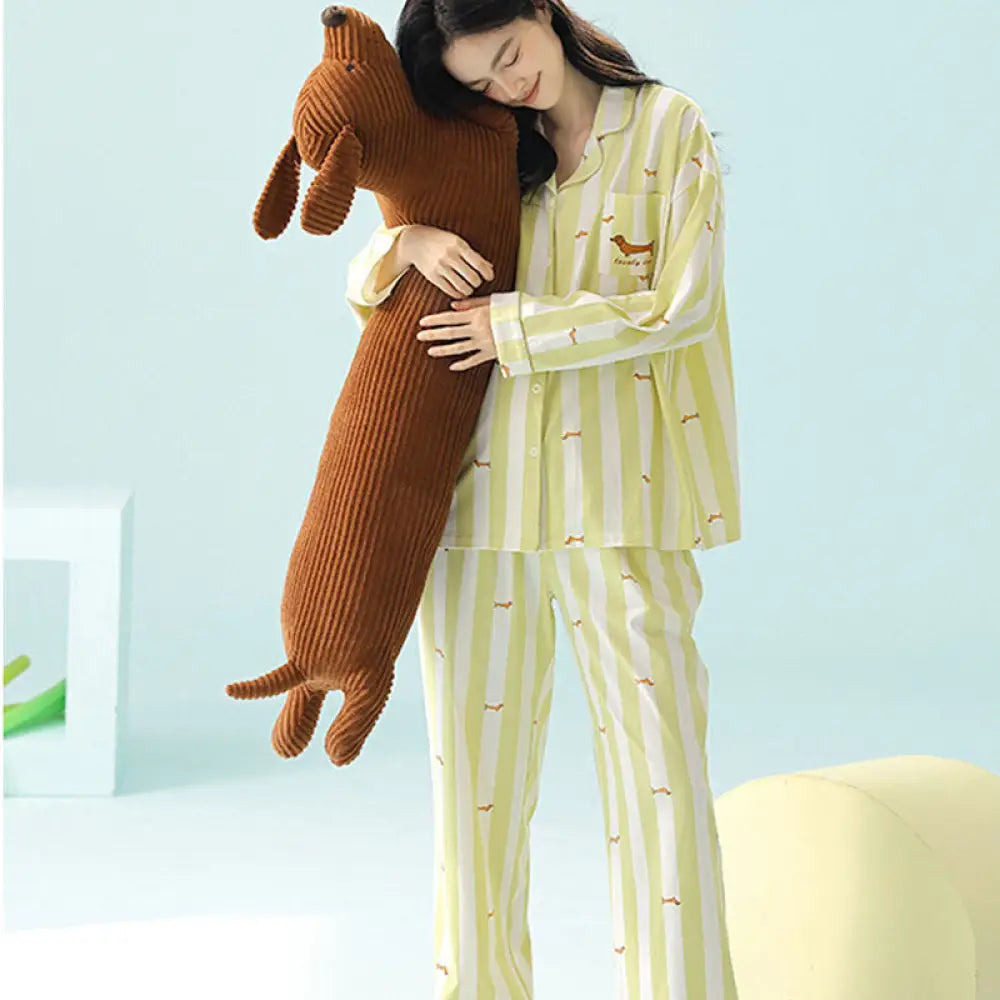 カップル お揃い ペアルック パジャマ 春 長袖 ルームウエア 上下セット 前開き 部屋着ドッグ柄 プレゼント 可愛い 柔らかい イエロー / レディースＭ カップル＞セットアップ