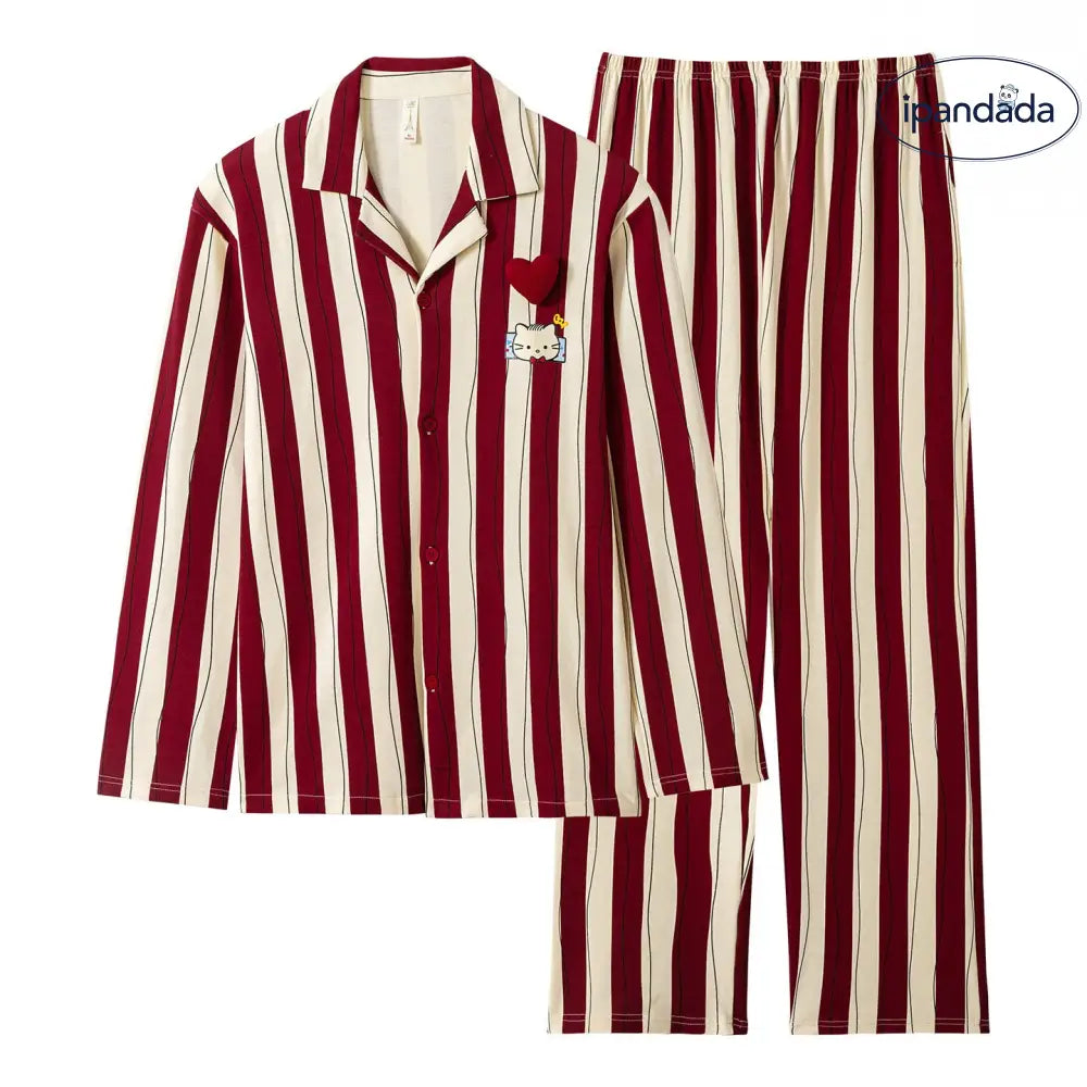 カップル パジャマ 春秋 秋冬 可愛い アニメ柄 長袖 ストライプ カジュアル ゆったり ルームウェア セット ID3739