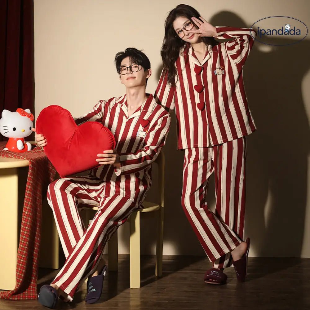 カップル パジャマ 春秋 秋冬 可愛い アニメ柄 長袖 ストライプ カジュアル ゆったり ルームウェア セット ID3739