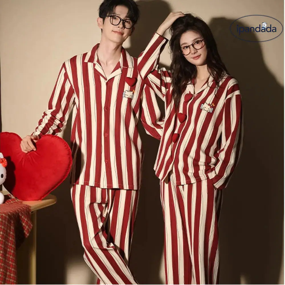 カップル パジャマ 春秋 秋冬 可愛い アニメ柄 長袖 ストライプ カジュアル ゆったり ルームウェア セット ID3739