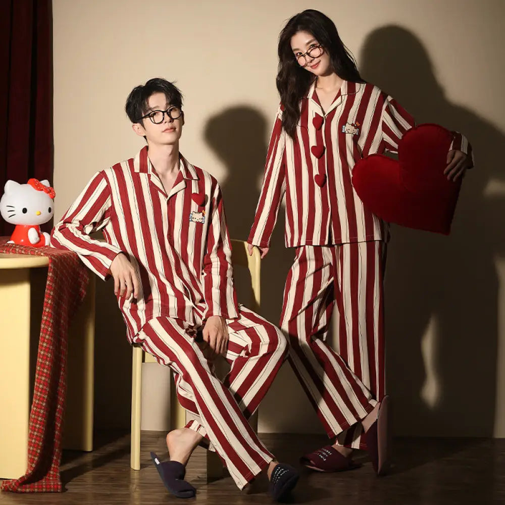 カップル パジャマ 春秋 秋冬 可愛い アニメ柄 長袖 ストライプ カジュアル ゆったり ルームウェア セット ID3739 写真通り / レディースＭ