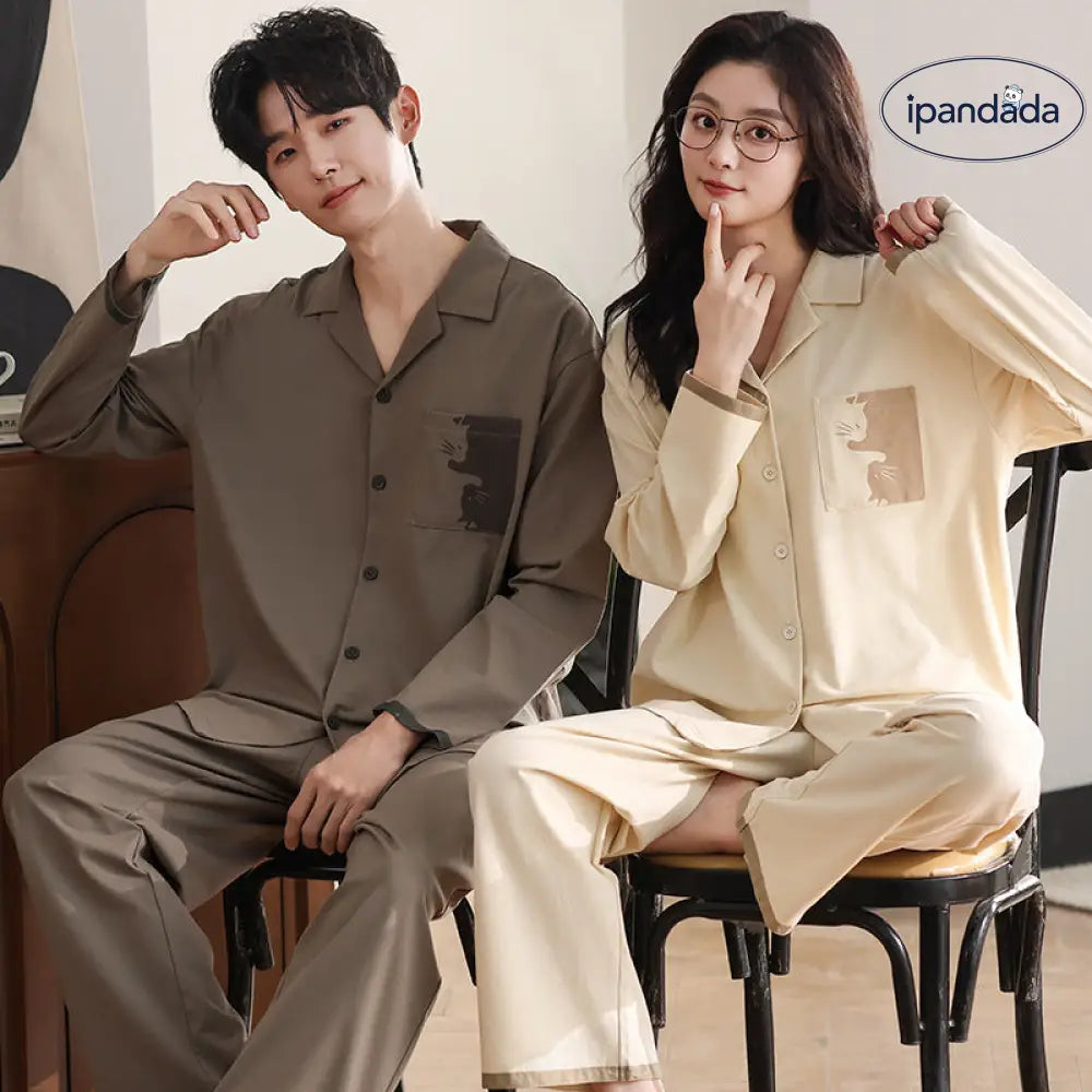 カップル パジャマ 春秋 女性用 長袖カーディガンセット 男性用 シンプル ゆったり ホームウェア ID3102