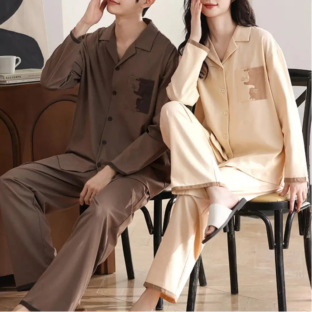 カップル パジャマ 春秋 女性用 長袖カーディガンセット 男性用 シンプル ゆったり ホームウェア ID3102