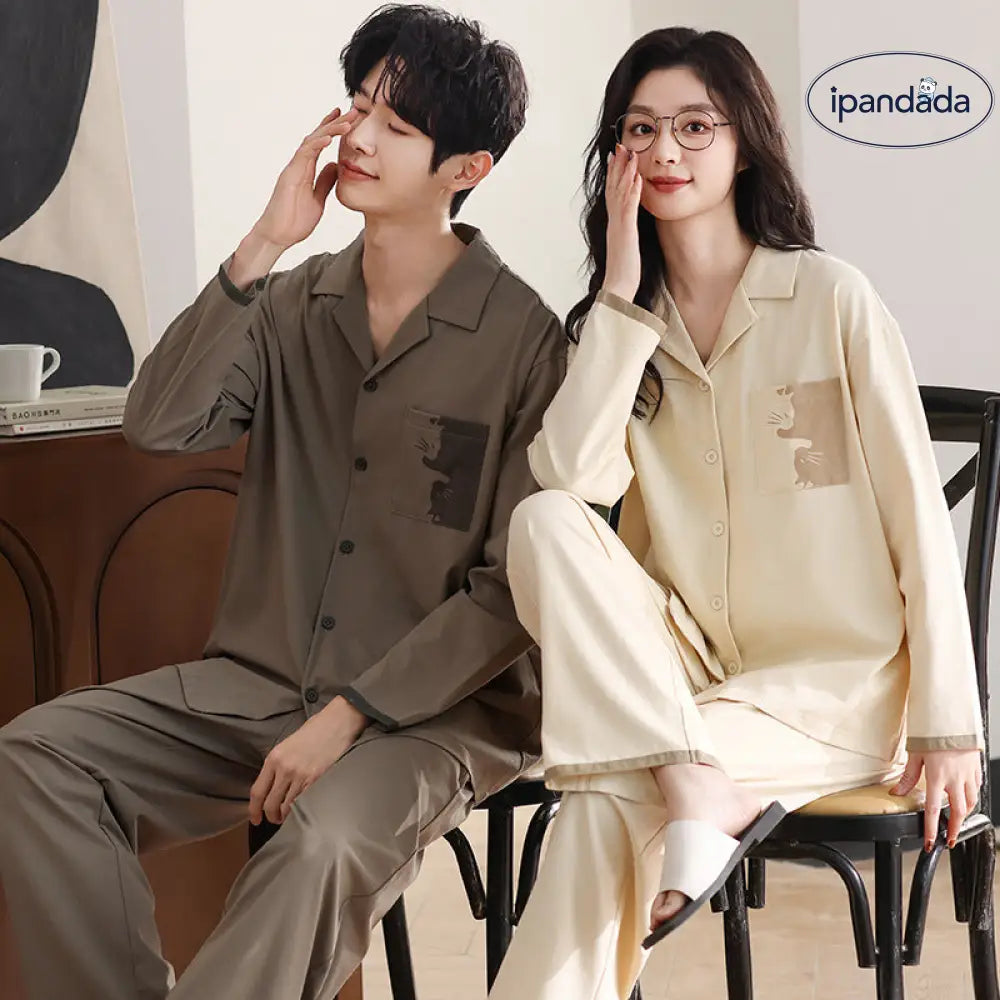 カップル パジャマ 春秋 女性用 長袖カーディガンセット 男性用 シンプル ゆったり ホームウェア ID3102