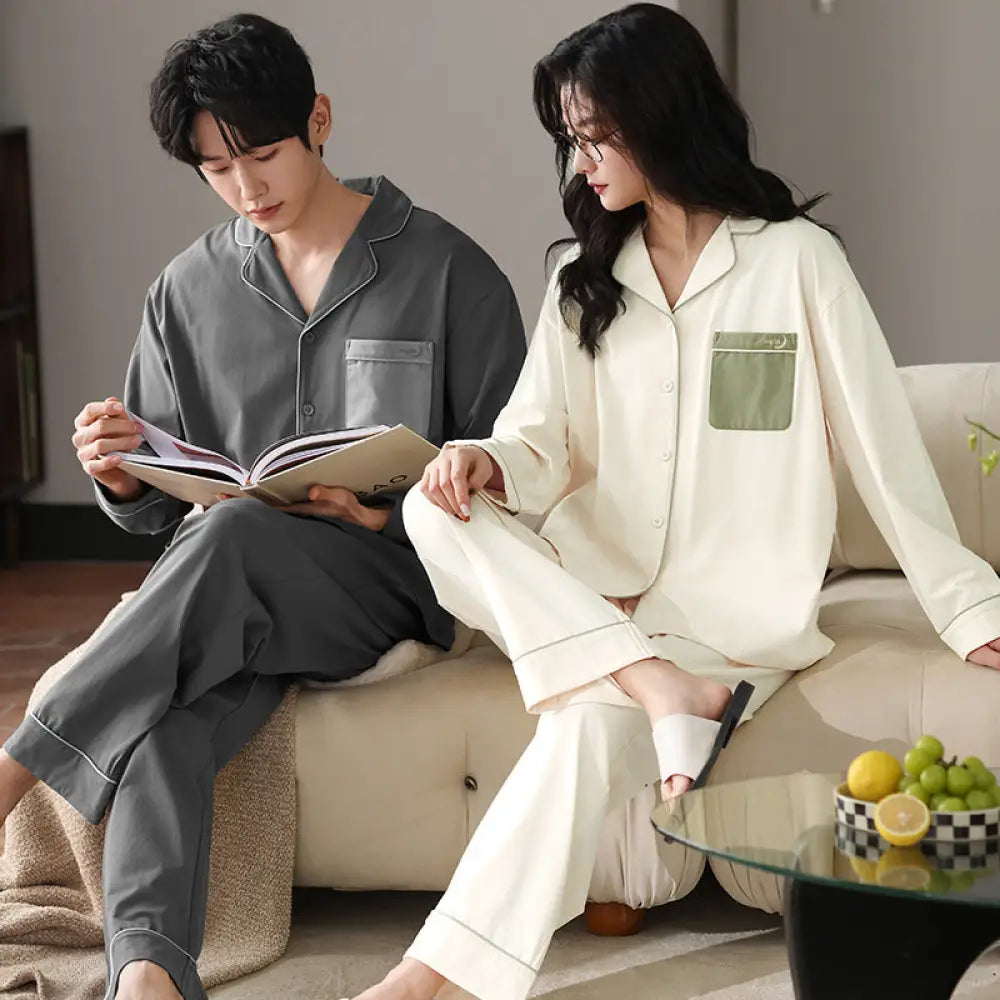 カップル パジャマ 春秋 女性用 長袖カーディガンセット 男性用 シンプル ゆったり ホームウェア ID3102 タイプ④ / レディースＭ