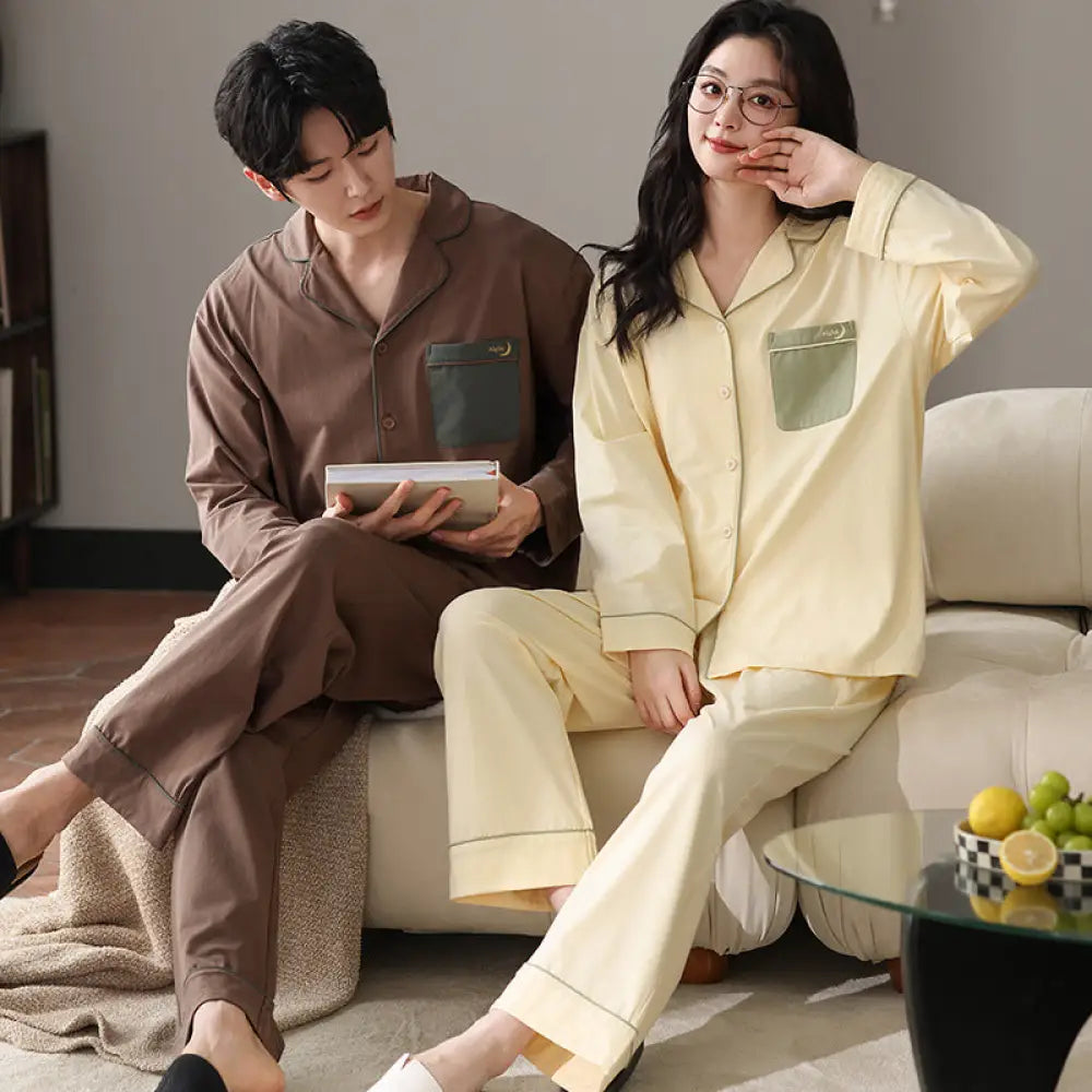 カップル パジャマ 春秋 女性用 長袖カーディガンセット 男性用 シンプル ゆったり ホームウェア ID3102 タイプ⑤ / レディースＭ