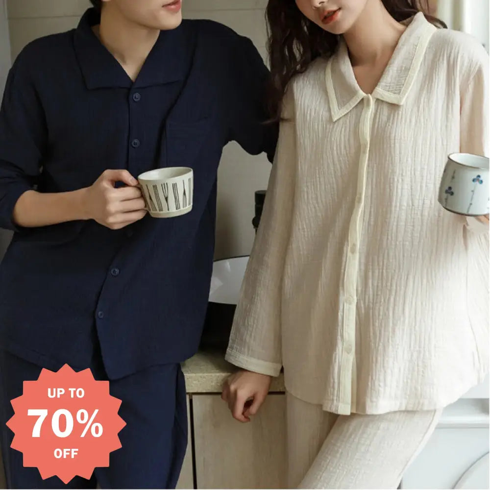 カップル パジャマ 春秋 シーズン 長袖 コットン 襟付き ルームウェア ロングパンツ セット 男女 2点セット 柔らかい カーディガン ID2595