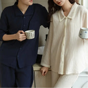 カップル パジャマ 春秋 シーズン 長袖 コットン 襟付き ルームウェア ロングパンツ セット 男女 2点セット 柔らかい カーディガン ID2595