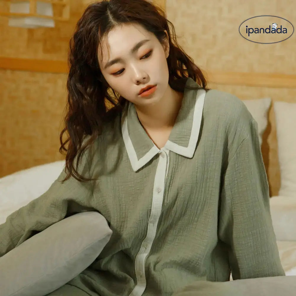 カップル パジャマ 春秋 シーズン 長袖 コットン 襟付き ルームウェア ロングパンツ セット 男女 2点セット 柔らかい カーディガン ID2595