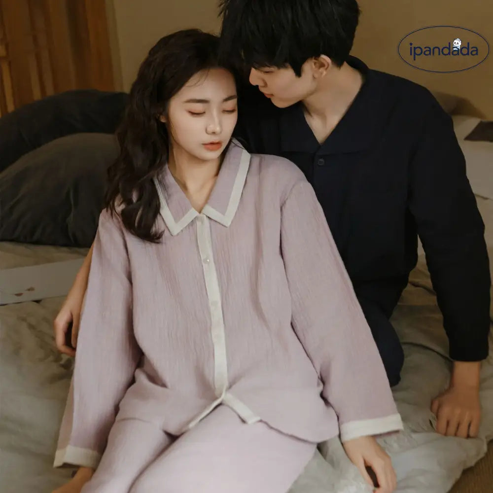 カップル パジャマ 春秋 シーズン 長袖 コットン 襟付き ルームウェア ロングパンツ セット 男女 2点セット 柔らかい カーディガン ID2595