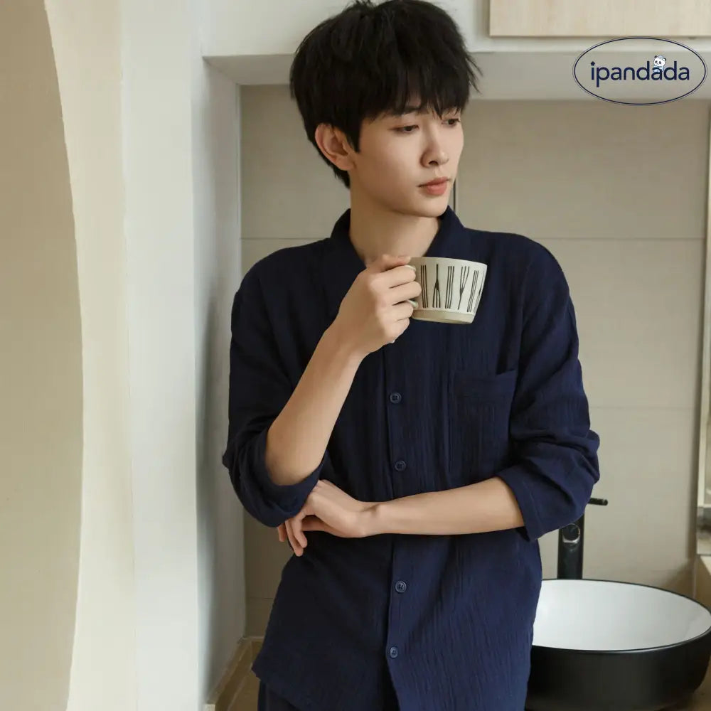 カップル パジャマ 春秋 シーズン 長袖 コットン 襟付き ルームウェア ロングパンツ セット 男女 2点セット 柔らかい カーディガン ID2595