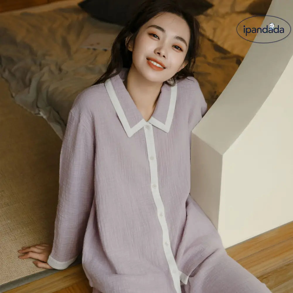 カップル パジャマ 春秋 シーズン 長袖 コットン 襟付き ルームウェア ロングパンツ セット 男女 2点セット 柔らかい カーディガン ID2595