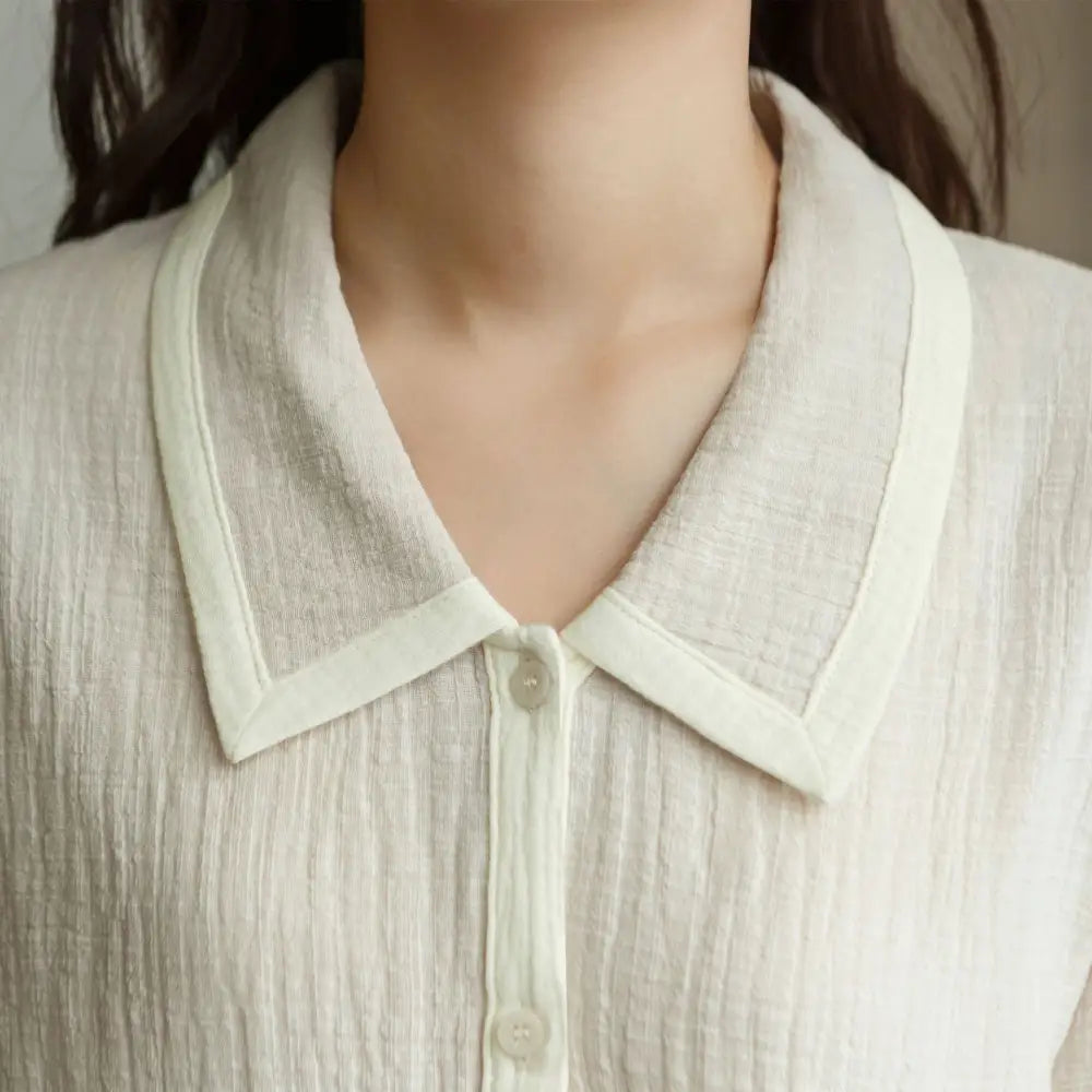 カップル パジャマ 春秋 シーズン 長袖 コットン 襟付き ルームウェア ロングパンツ セット 男女 2点セット 柔らかい カーディガン ID2595 女性 ベージュ / レディースＭ