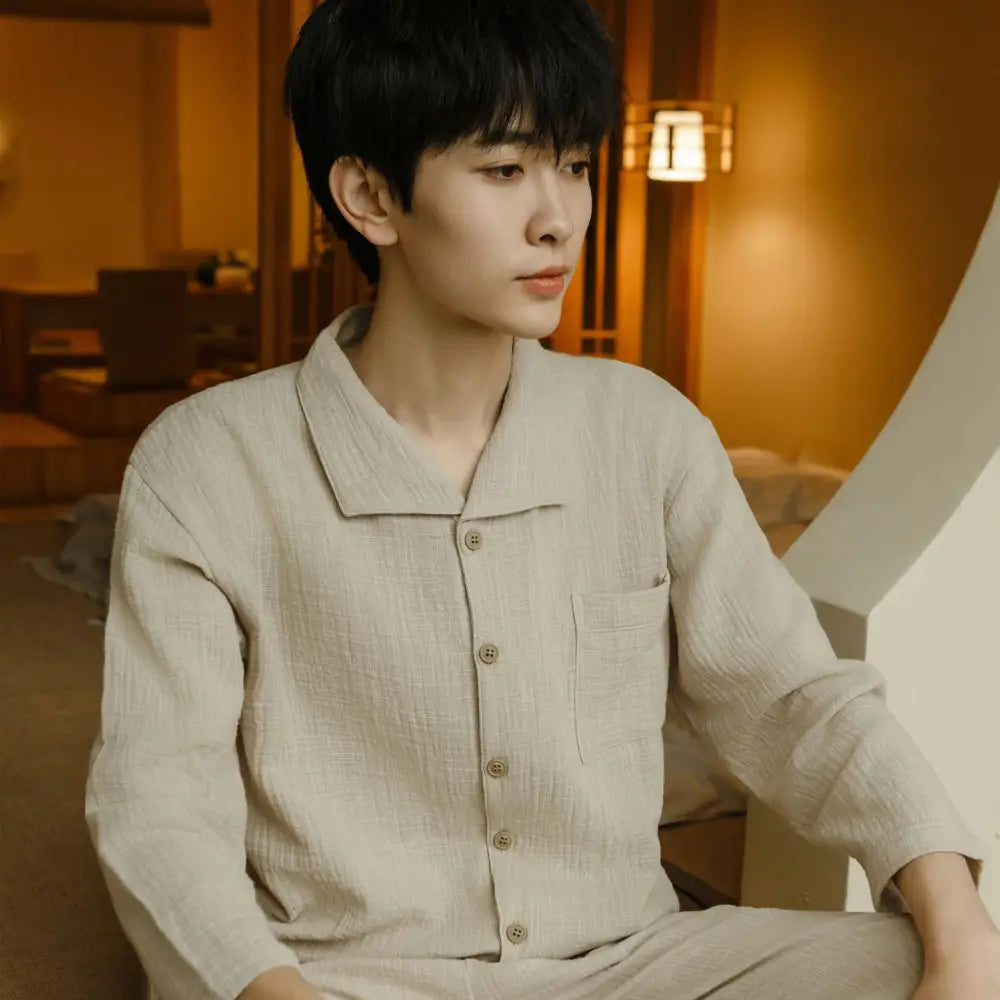 カップル パジャマ 春秋 シーズン 長袖 コットン 襟付き ルームウェア ロングパンツ セット 男女 2点セット 柔らかい カーディガン ID2595 男性 ベージュ / レディースＭ