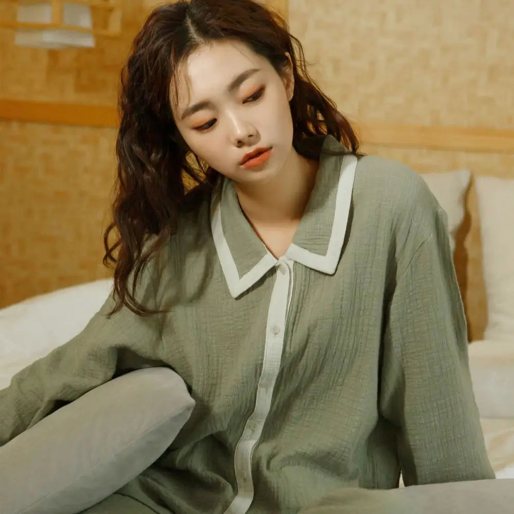 カップル パジャマ 春秋 シーズン 長袖 コットン 襟付き ルームウェア ロングパンツ セット 男女 2点セット 柔らかい カーディガン ID2595 女性 グリーン / レディースＭ