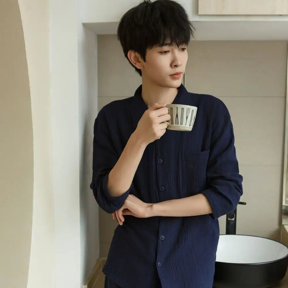 カップル パジャマ 春秋 シーズン 長袖 コットン 襟付き ルームウェア ロングパンツ セット 男女 2点セット 柔らかい カーディガン ID2595 男性 ネイビー / レディースＭ