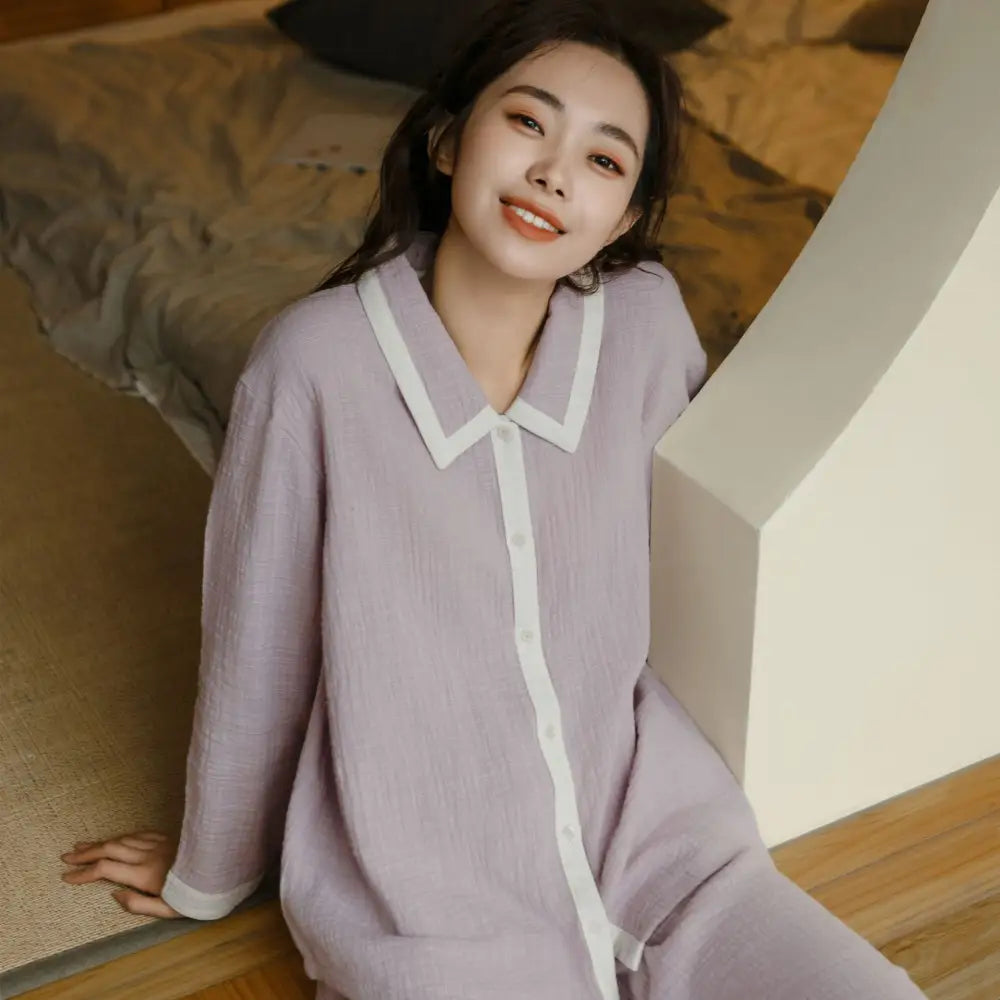 カップル パジャマ 春秋 シーズン 長袖 コットン 襟付き ルームウェア ロングパンツ セット 男女 2点セット 柔らかい カーディガン ID2595 女性 パープル / レディースＭ