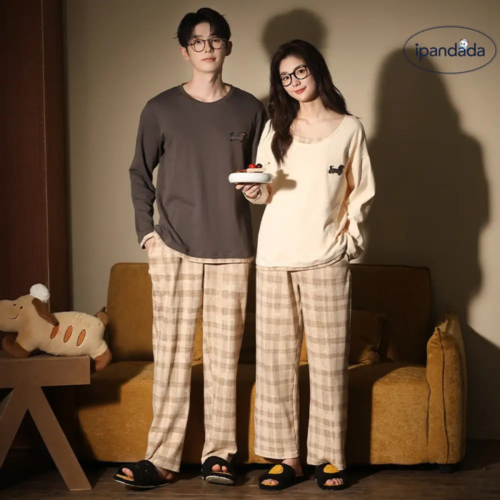 カップル パジャマ 春秋 新作 小犬 カートゥーン 純綿 長袖 ホームウェア セットアップ ID4081