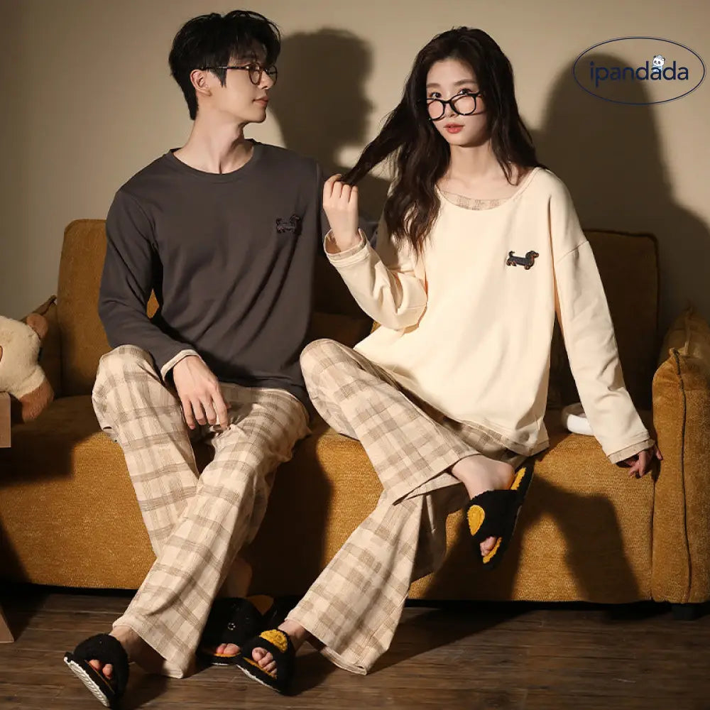 カップル パジャマ 春秋 新作 小犬 カートゥーン 純綿 長袖 ホームウェア セットアップ ID4081