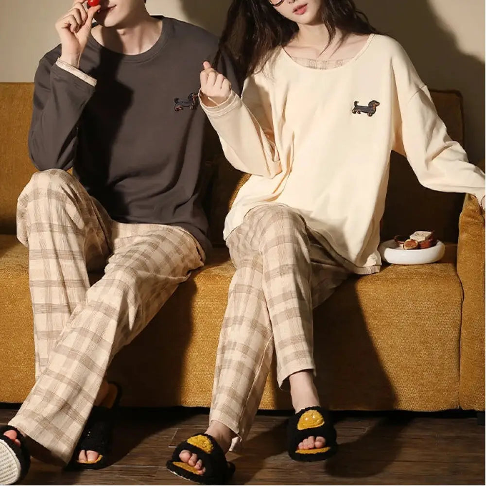 カップル パジャマ 春秋 新作 小犬 カートゥーン 純綿 長袖 ホームウェア セットアップ ID4081 写真通り / レディースＭ