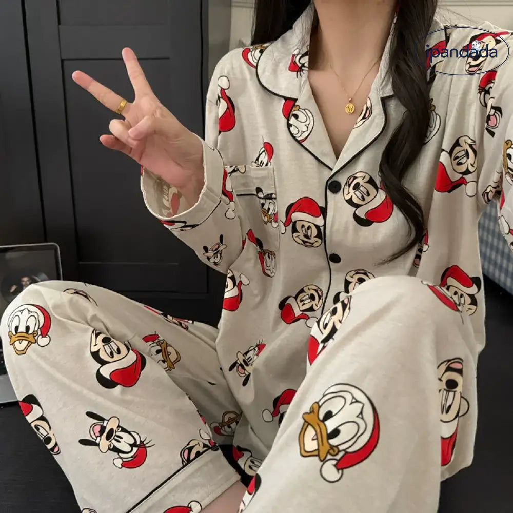 カップル パジャマ 春秋 長袖 長ズボン 綿 カートゥーン メンズ レディース ミッキー ルームウェア セット ID4344