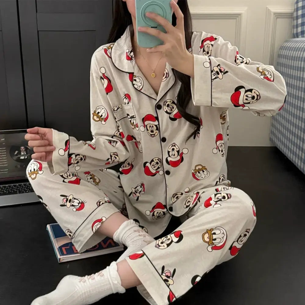 カップル パジャマ 春秋 長袖 長ズボン 綿 カートゥーン メンズ レディース ミッキー ルームウェア セット ID4344 写真通り / レディースＭ