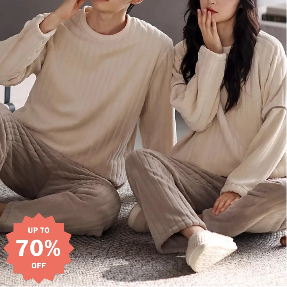 カップル パジャマ フリース ラウンドネック プルオーバー 厚手 フリース 無地 ルームウェア セット 部屋着 あったか 暖かい 結婚祝い ID3720 コーディネート＞ペアルック