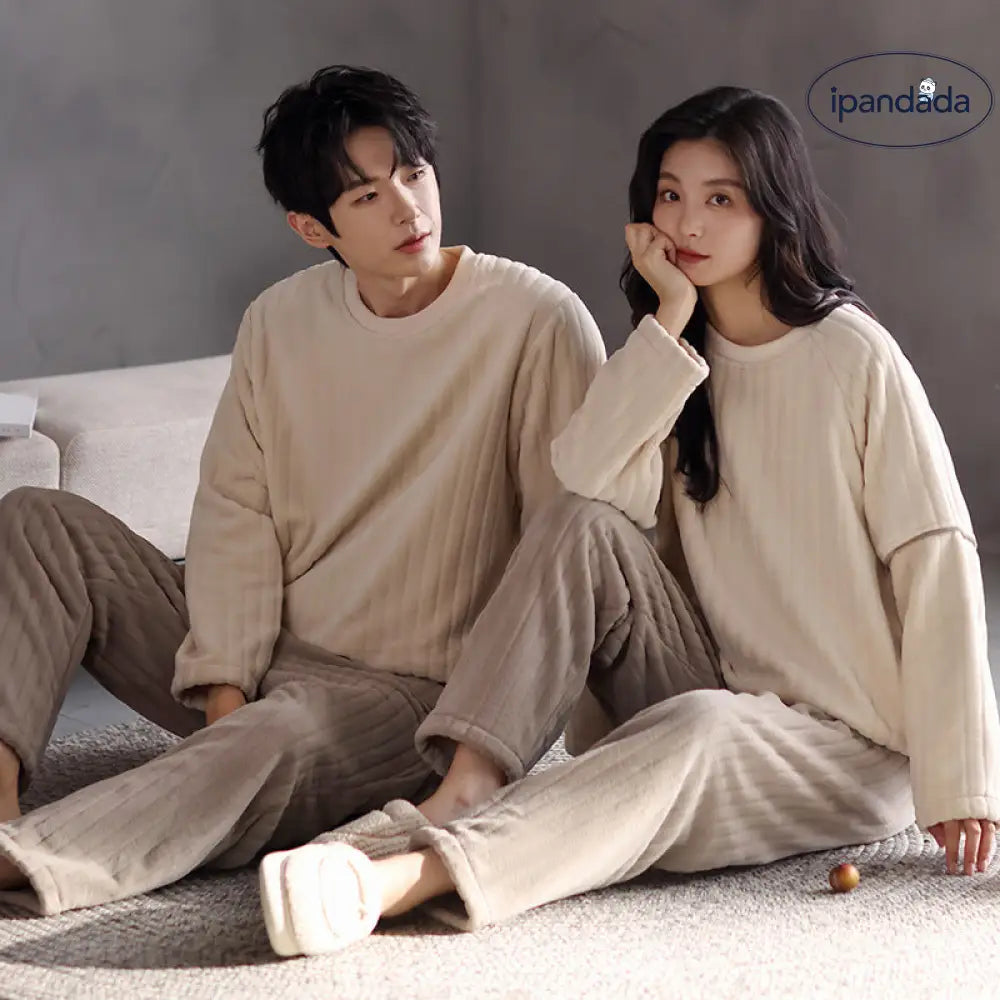 カップル パジャマ フリース ラウンドネック プルオーバー 厚手 フリース 無地 ルームウェア セット 部屋着 あったか 暖かい 結婚祝い ID3720 コーディネート＞ペアルック